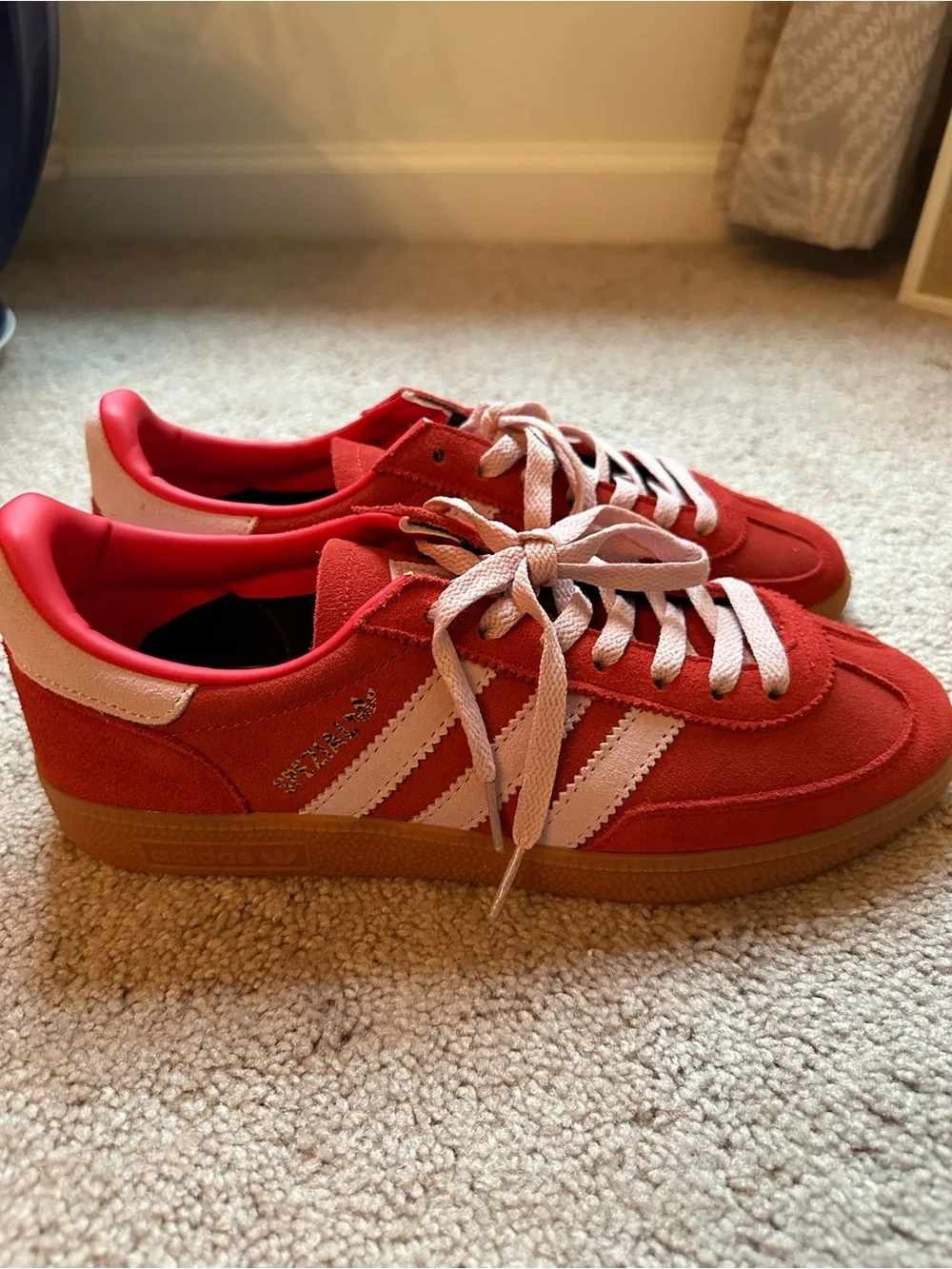 adidas men’s Red Suede Retro Spezial with Pink Stripes and Gum Sole unisex